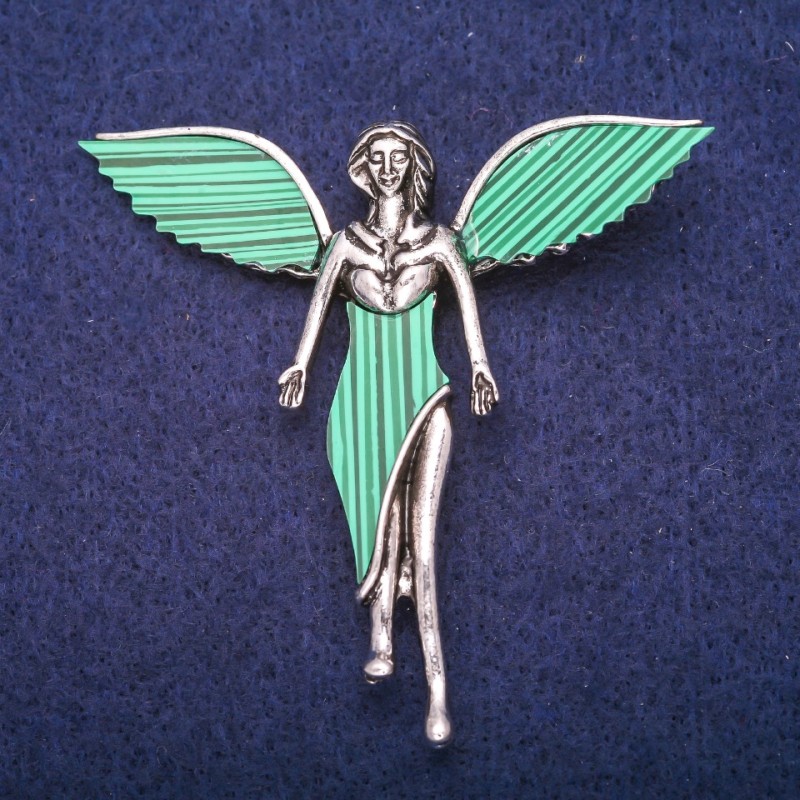 Brooch Angel with Malachite Inlay (pressed) Silver Tone Metal 59x60mm