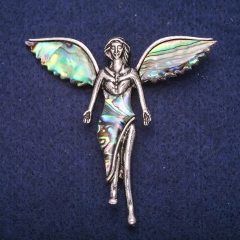 Brooch Angel with Chalcedony Inlay, Silver-Colored Metal 59x60mm