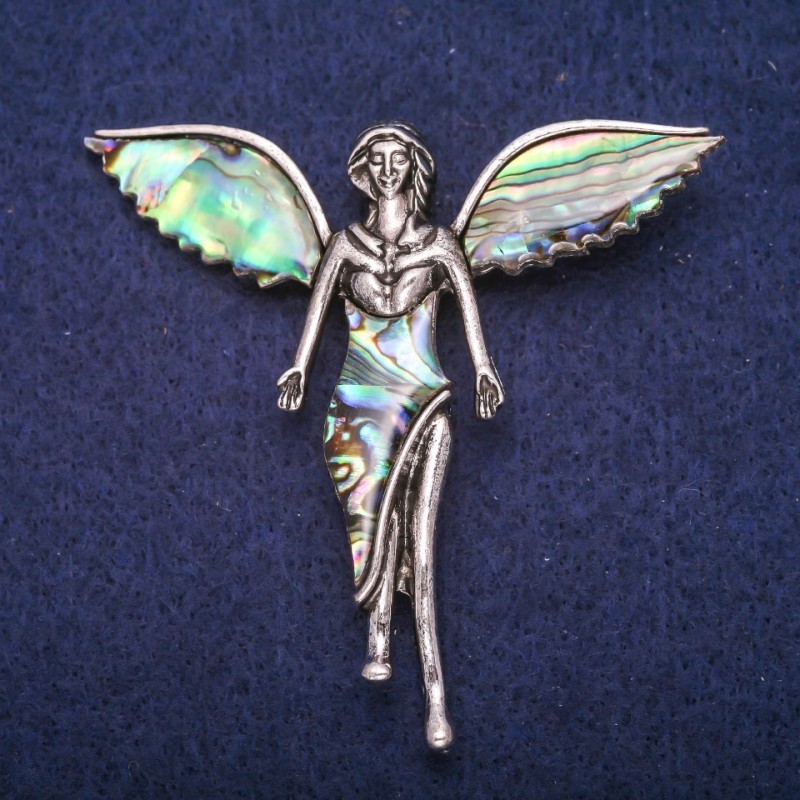 Brooch Angel with Chalcedony Inlay, Silver-Colored Metal 59x60mm