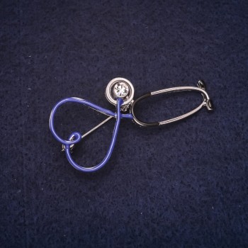Brooch 'Stethoscope' 25x53mm enamel with crystals blue and white, silver metal