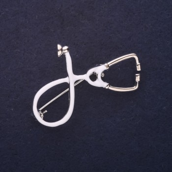Brooch - Stethoscope White Enamel, Silver Metal, 44x30mm
