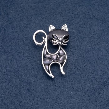 Brooch "Kitten" Black Cat's Eye Stone Color of Metal "Silver" 30×45mm