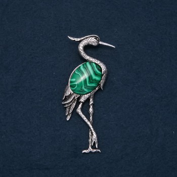 Brooch Pendant Heron with Malachite natural stone 80x30mm