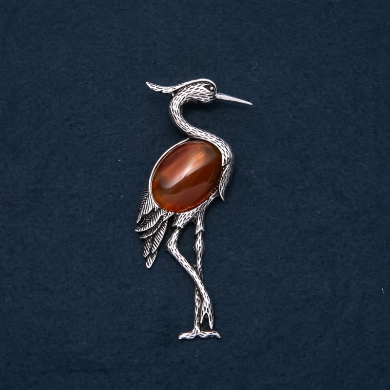 Brooch Pendant Heron with Carnelian 80x30mm