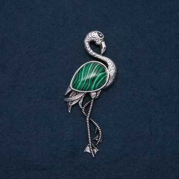 Brooch Pendant Flamingo with Malachite natural stone 85x30mm