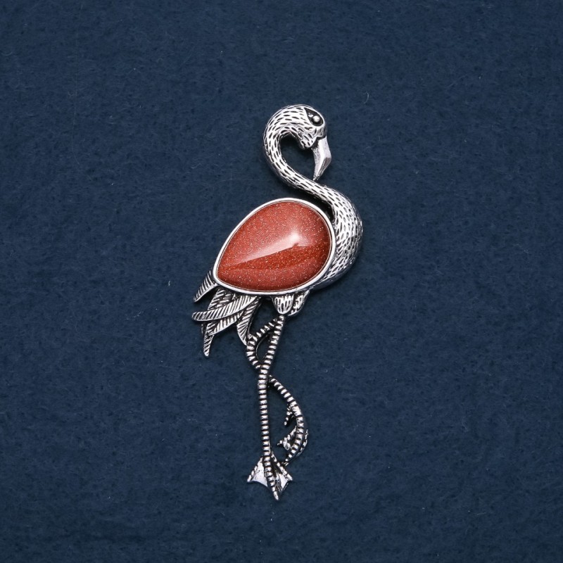 Brooch Pendant Flamingo with Aventurine “Golden Sand” 85x30mm