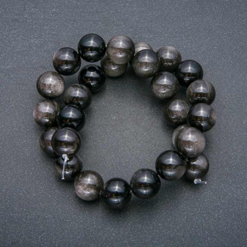 Beads on a String Natural Stone Silver Obsidian Smooth Bead Sphere, diameter 14mm + -, length 39cm +