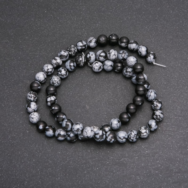 Snow Obsidian Beads on Thread - Apache Tears, Smooth Round Bead, 6 mm diameter (+/-), 38 cm length