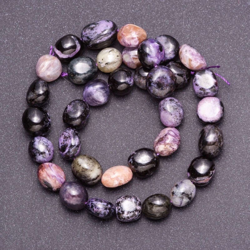 Charoite Beads, tumbled, 11-14x9 mm to 5-12.5 mm, 5 mm+ thread, 39 cm length