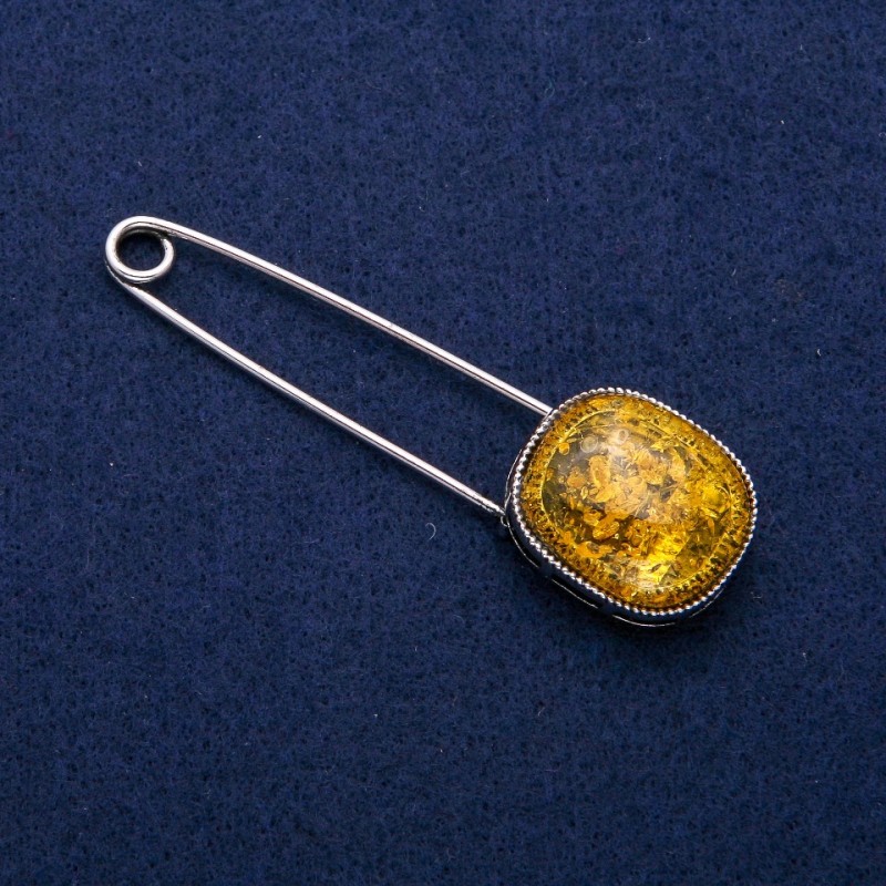 Brooch Pin with Amber Cabochon (single) 22x77mm, silver metal