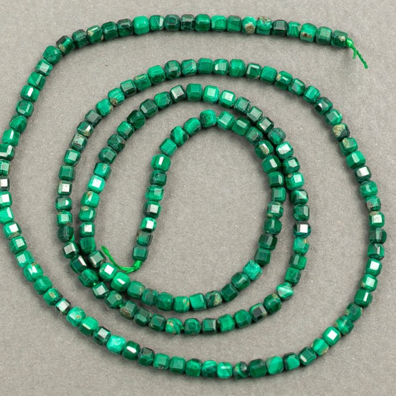 Natural Malachite Beads on Thread Cube Shape, 2x2mm, length 40cm