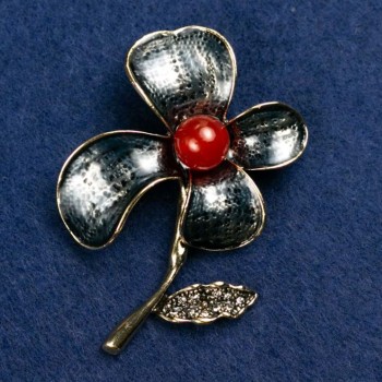 Brooch Flower with Carnelian Bead and Enamel, 47x60mm, gold-toned metal