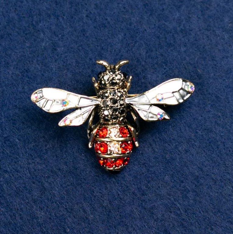Brooch "Bee" with red and black rhinestones, gray enamel, silver metal 42x32mm