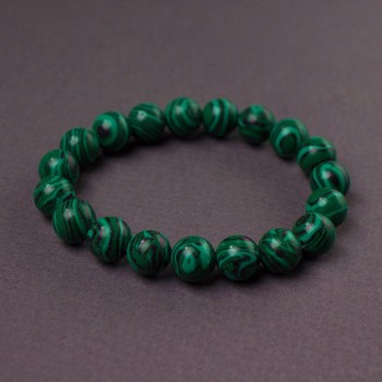 Bracelet with Malachite, smooth beads, elastic, 10mm diameter, 18 cm length