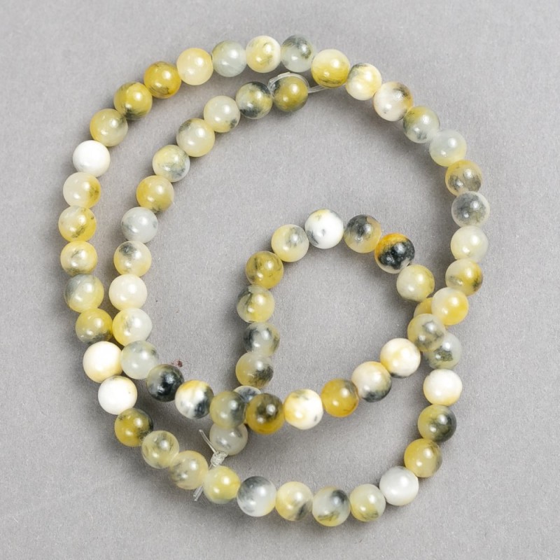 Beads, acrylic, yellow-gray-white, 6mm, on thread, smooth round bead, 40 cm length