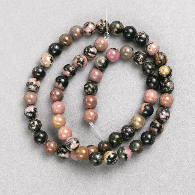 Rhodonite Beads on Thread, Smooth Round Bead, 6.5 mm ±, Length 38 cm ±