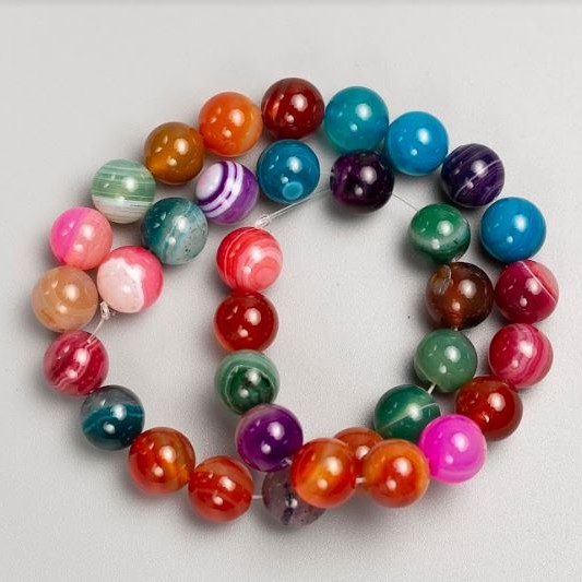 Agate Beads on a Thread Multicolor, Smooth Round Bead, 10mm ±, Length 37cm ±