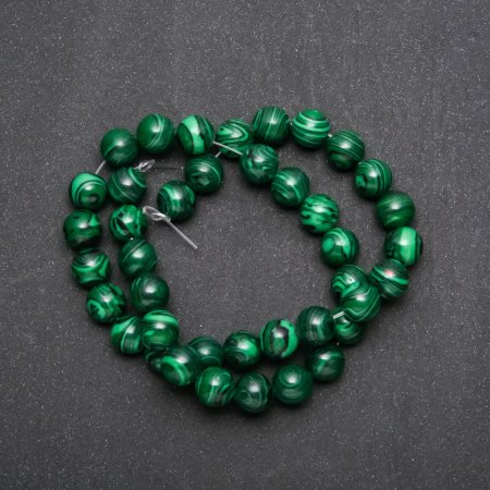 Malachite Beads, Artificial on Thread, Smooth Sphere, diameter 10mm, length 38cm