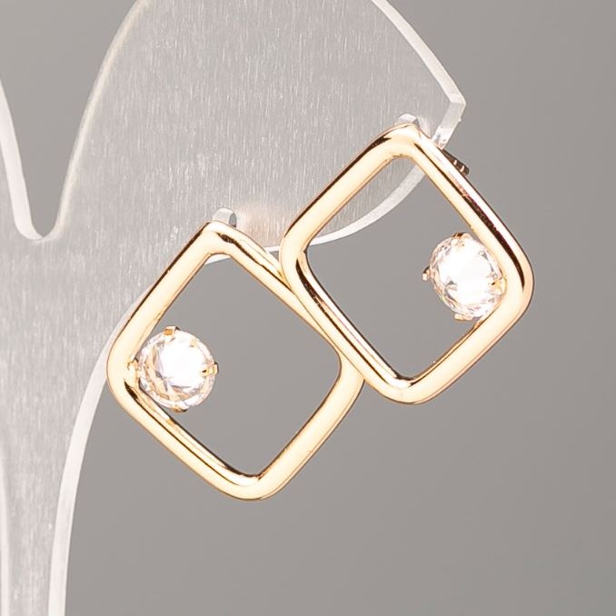 Earrings Square Xuping 18K Gold Plating with White Crystal, 17x17 mm diameter