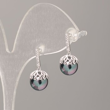 Earrings Xuping with Mallorca Pearls black with benzene tint, 9mm pearl diameter, 18 mm length, rhodium-plated