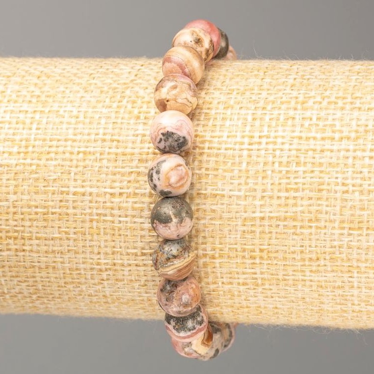 Bracelet with Rhodonite natural stone smooth beads, diameter 8 (±) mm, length 18 cm
