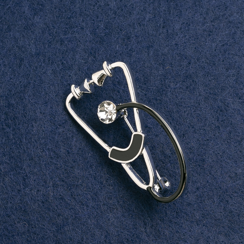 Brooch—Stethoscope Black Enamel with White Stone, Silver Metal 43x24 mm