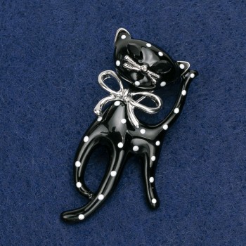 Brooch Cat acrylic in white and black, silver metal 53×25mm