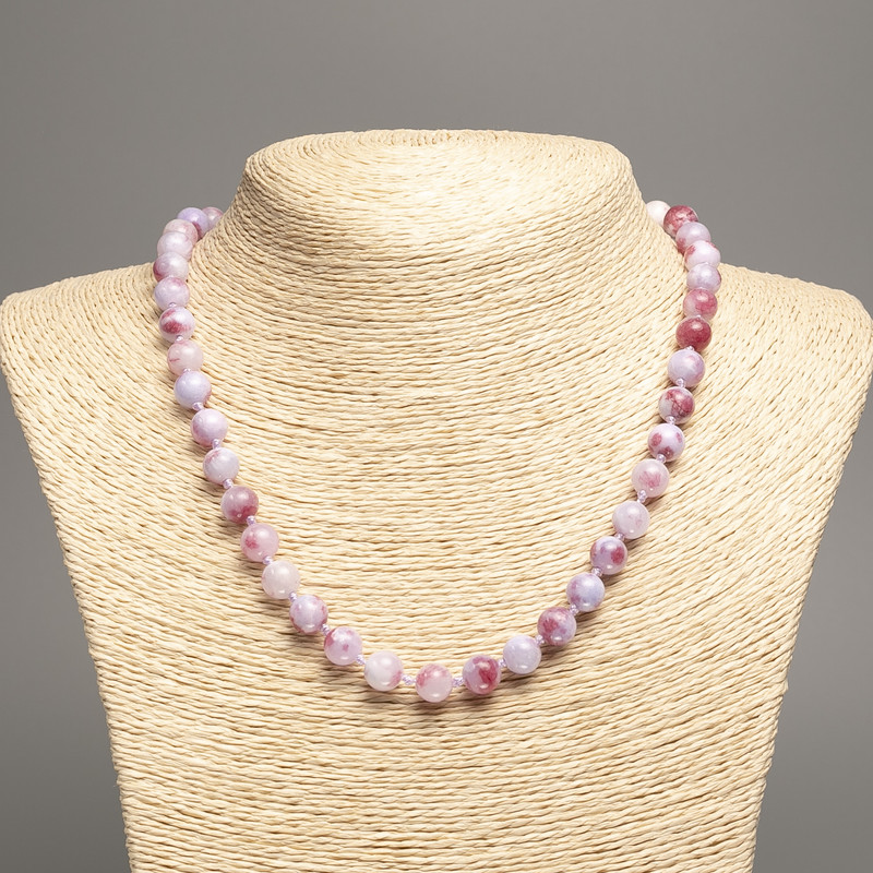 Necklace "Colors of Summer" white violet reddish smooth beads, 8mm diameter +-/-, length 50cm +/- made of white jade (synthetic dyed)