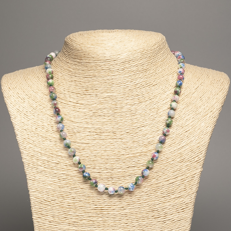 Necklace “Colors of Summer” white blue pink green smooth beads, diameter 6mm±, length 50cm±, made of white jade (synthetic dyed)