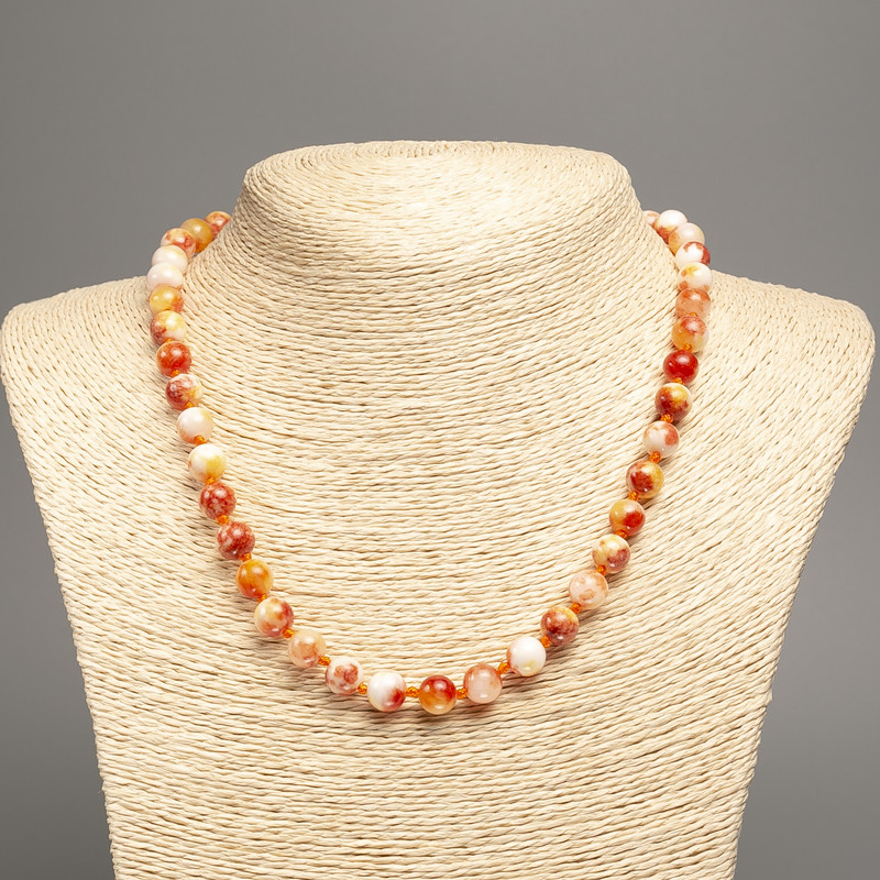 Necklace "Colors of Summer" white-ruddy smooth bead, diameter 8mm±, length 50cm±, made of white jade (synthetic dyed)