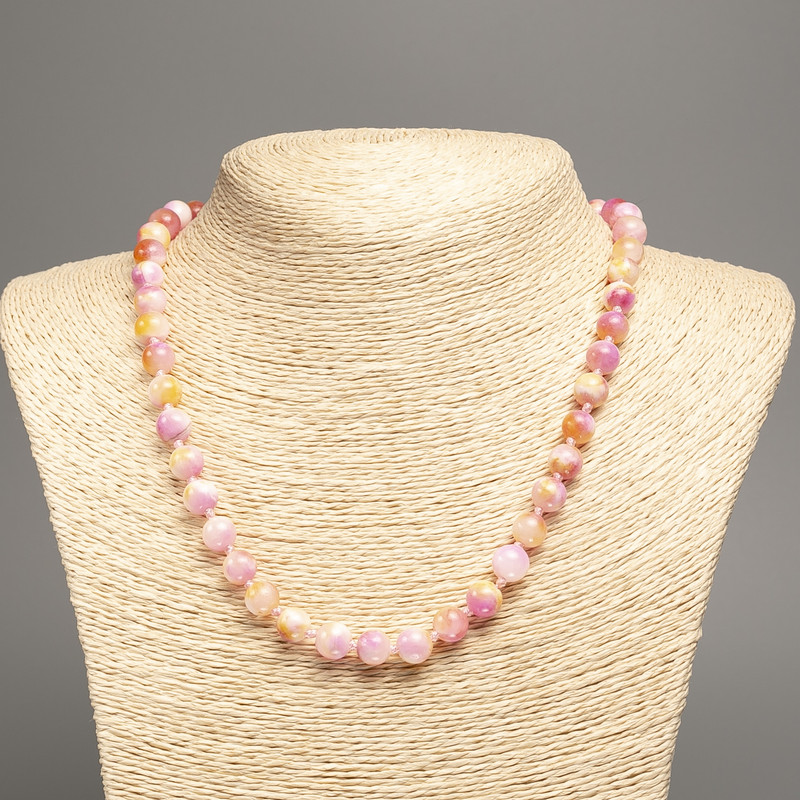 Necklace “Colors of Summer” white yellow pink smooth beads, diameter 8mm±, length 50cm±, made of synthetic dyed jade