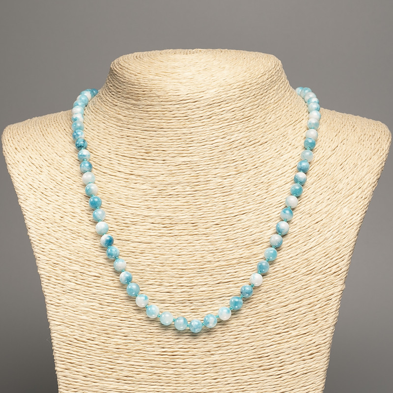 Necklace Beads "Colors of Summer" white-blue smooth ball, diameter 6mm±, length 50cm±, made of white jade (synthetic dyed)