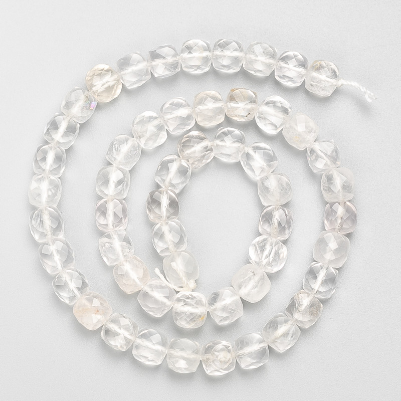 Mountain Crystal Beads - Faceted Cube Stone on Thread, 7 mm ± Diameter, 38 cm ± Length