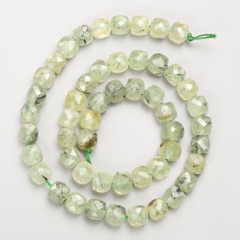 Prehnite Beads - faceted cube-shaped natural stone on thread, 8 mm diameter ±, length 39 cm ±