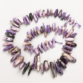 Charoite Beads Natural Stone Chip "Needle" on Thread, diameter 25x3-12x2mm±, length 41cm± with seed beads, diameter 3mm