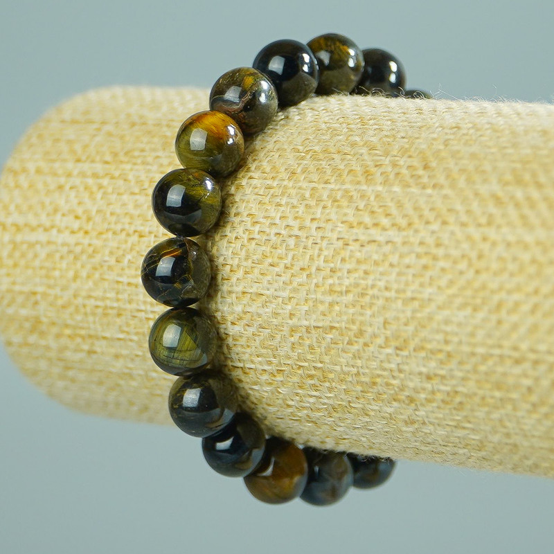 Bracelet of Tiger's Eye and Hawk's Eye Natural Stone, smooth beads, diameter 10(±)mm, length 18cm (stretch)