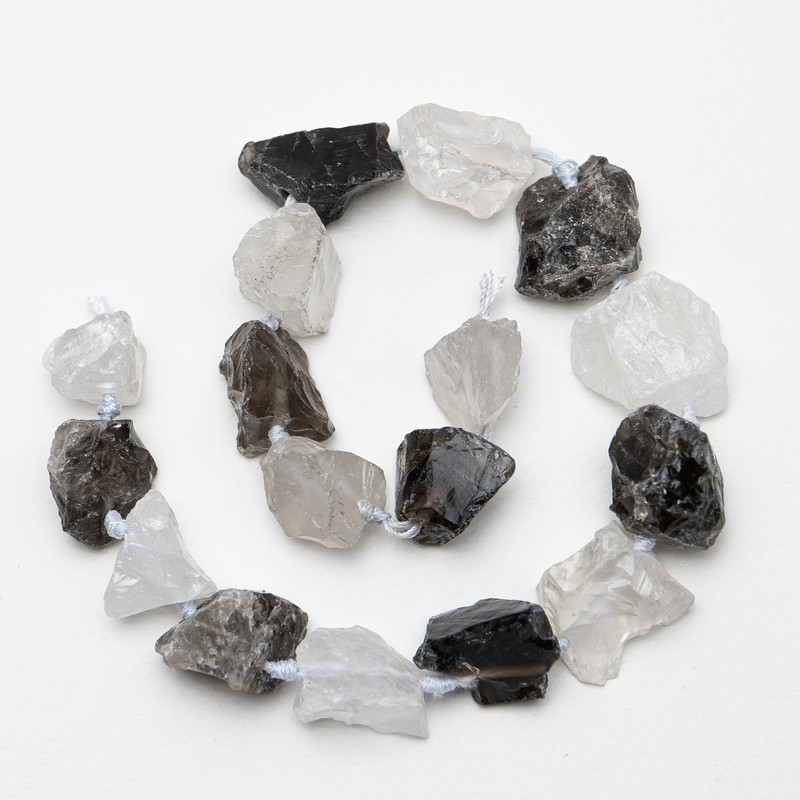 Unprocessed Beads of Rock Crystal and Smoky Quartz Cabochon, diameter 23×26(±)mm, thread length 42 cm
