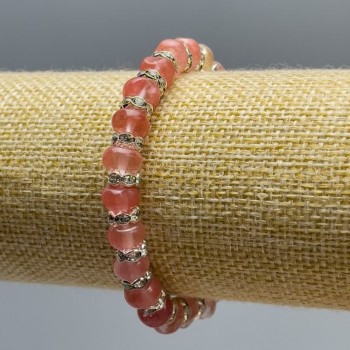 Chalcedony Bracelet with Natural Smooth Rondelle Beads, 8x5 mm, stretchy 18 cm, with White Rhinestones