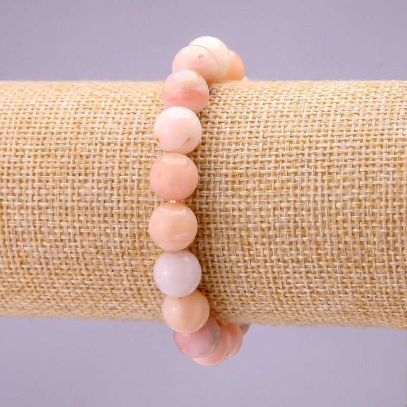 Bracelet with Natural Stone Pink Opal Smooth Bead, diameter 10(+-)mm on elastic, length 18cm