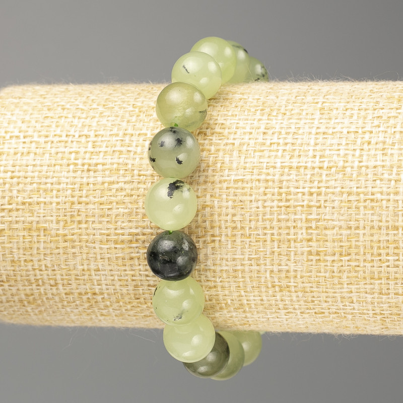 Bracelet Prehnite Natural Stone Smooth Bead, diameter 10(±)mm on elastic, length 18cm (stretch)