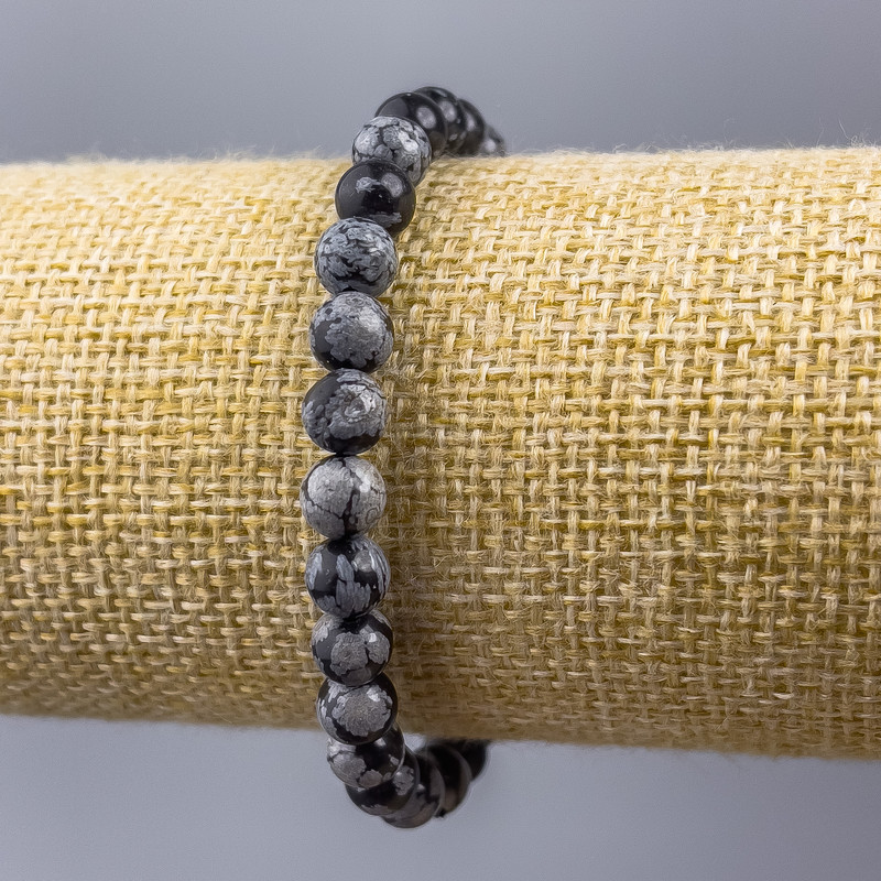 Bracelet Snow Obsidian Apache Tears Natural Stone Smooth Bead, diameter 6(±)mm, length 18cm (stretch)