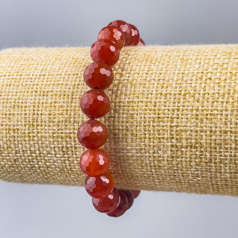 Carnelian Bracelet with Natural Carnelian Stone Beads, Faceted Round 10mm, Stretch 18cm