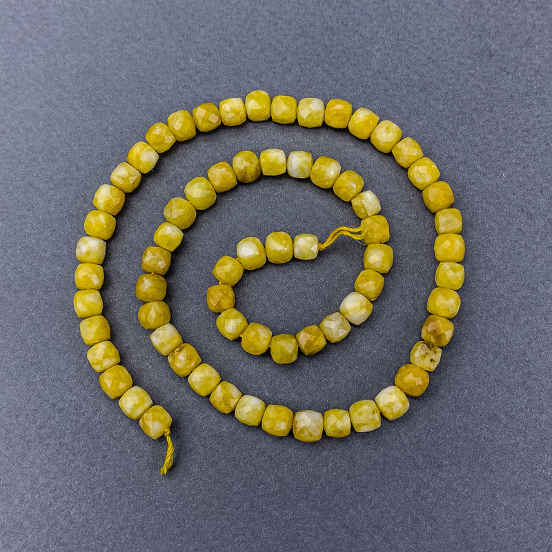 Jadeite Beads Yellow Jade Natural Stone Faceted Cube on Thread, 5mm diameter ±, 37cm length ±