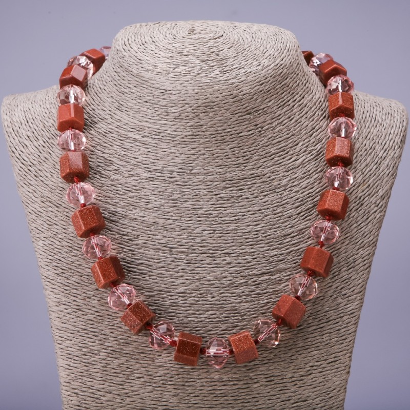 Necklace Aventurine "Golden Sand" Hexagon Beads, 12mm diam Rondells Czech crystal, 14x11mm, length 50cm