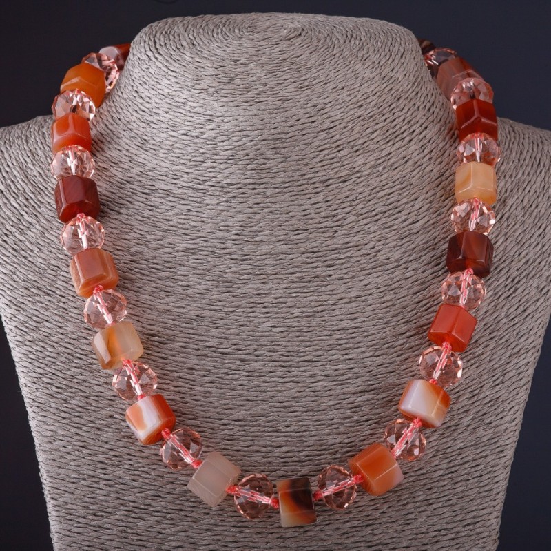 Carnelian Necklace Hexagon Stone "Czech Crystal" L48 cm, diameter 13mm