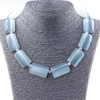 Cat's Eye Necklace with Rectangular 33×20 mm Inserts and Gray Rondelle Separator Beads, 50 cm