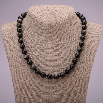 Necklace made of natural stone Silver Obsidian smooth bead, diameter 10 (+-) mm, length 45 cm