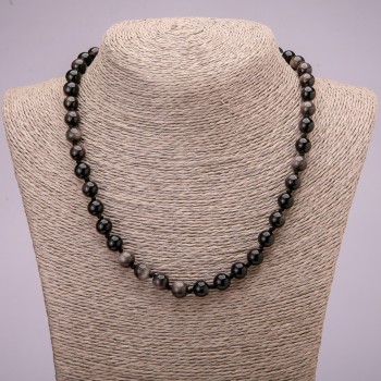 Necklace of Natural Stone Silver Obsidian Smooth Bead, diameter 8(±)mm, length 45cm +