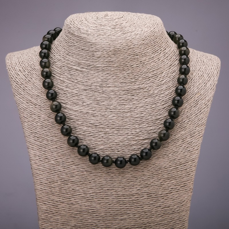 Necklace of natural stone Sunstone Obsidian smooth bead, diameter 8mm, length 48cm