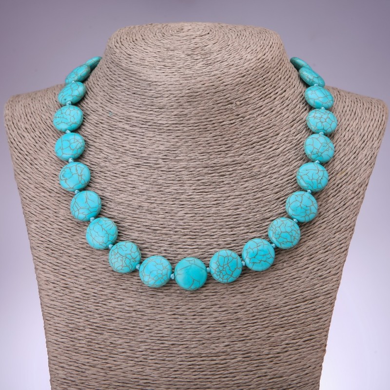 Turquoise Necklace with Veins Bead Coin-shaped 17.5mm, 45cm length
